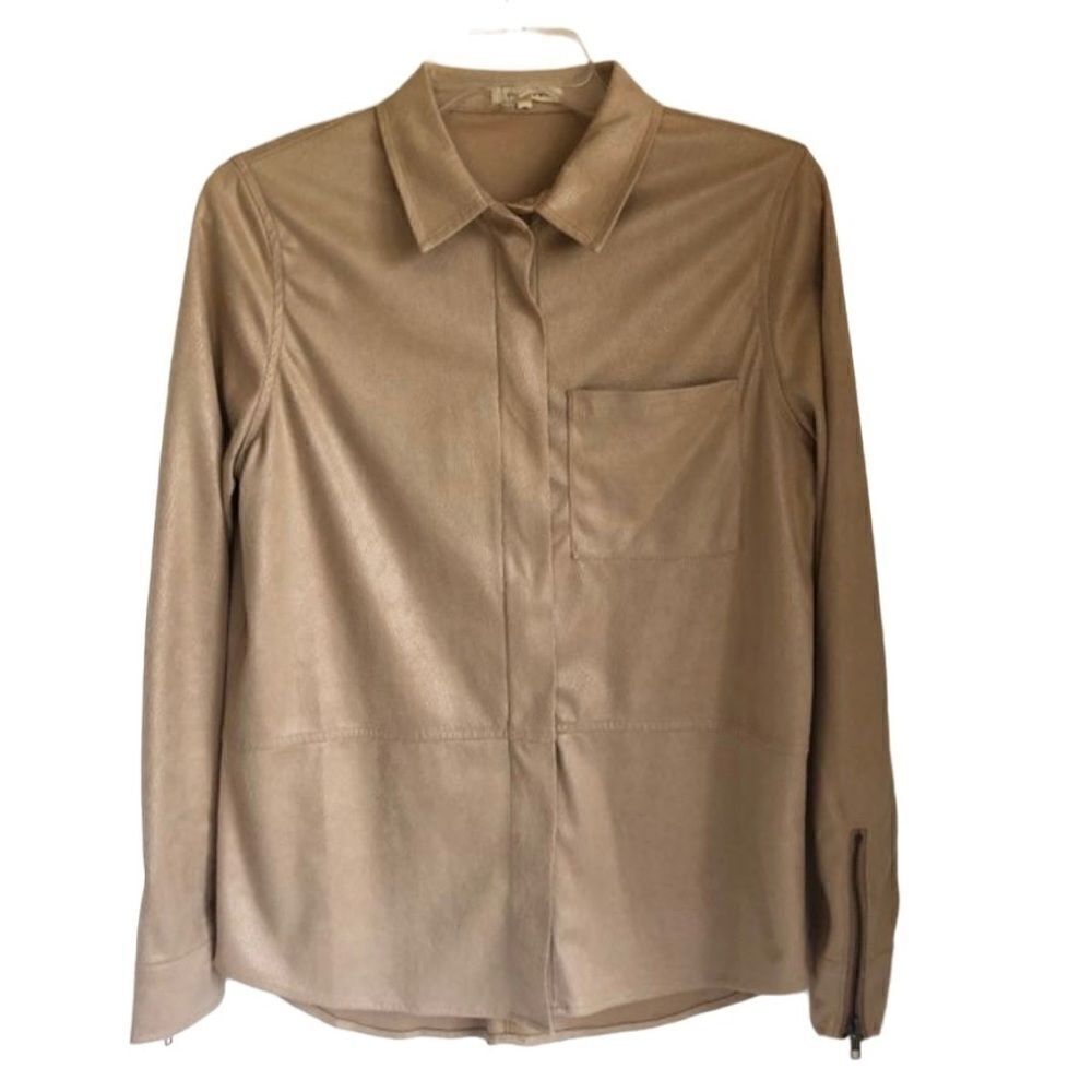 Tea n Rose Faux‎ Suede Blouse Zip Front in Tan Women's Size M